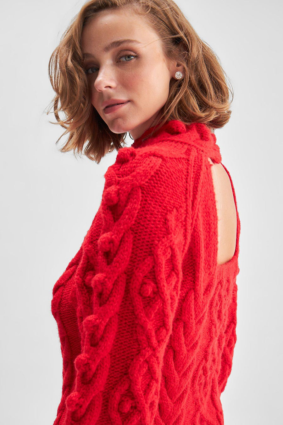 Red Knitted Sweater With Back Detailed Hair Weave Pompoms