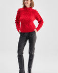 Red Knitted Sweater With Back Detailed Hair Weave Pompoms