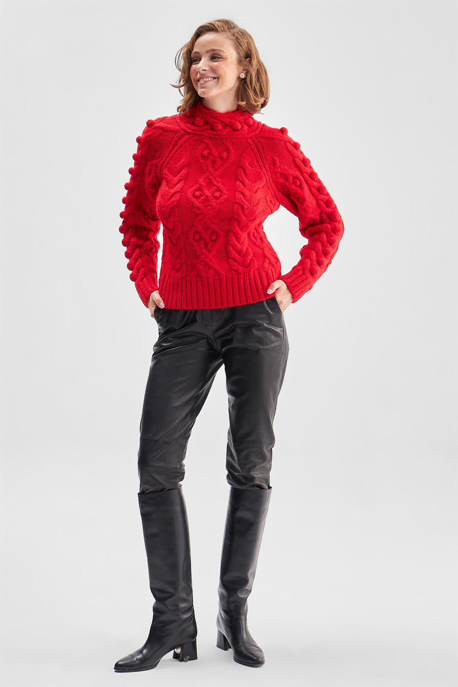 Red Knitted Sweater With Back Detailed Hair Weave Pompoms