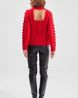 Red Knitted Sweater With Back Detailed Hair Weave Pompoms