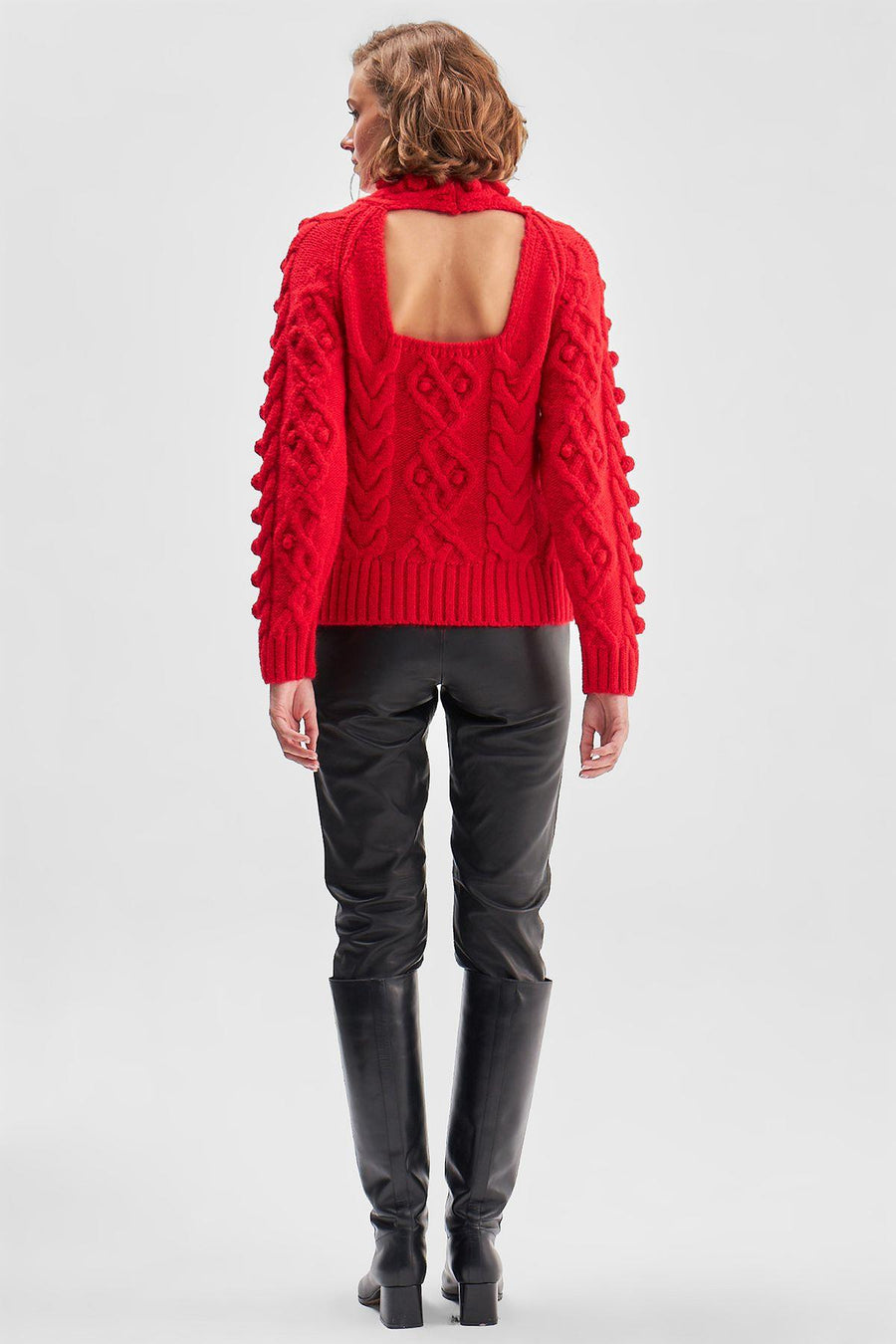 Red Knitted Sweater With Back Detailed Hair Weave Pompoms