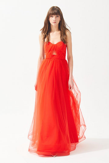 Red Strapless Draped Long Tulle Dress