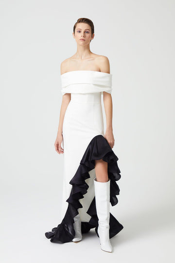 Ecru Strapless Low-Sleeve Flounced Asymmetrical Cut Dress