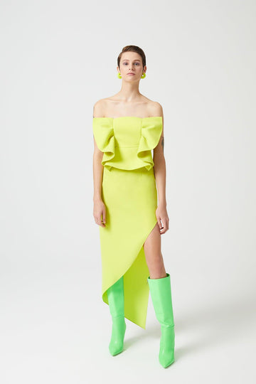 Neon Green Strapless Bow Detailed Asymmetrical Cut Dress