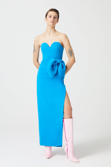Blue Strapless Bow Detailed Slit Dress
