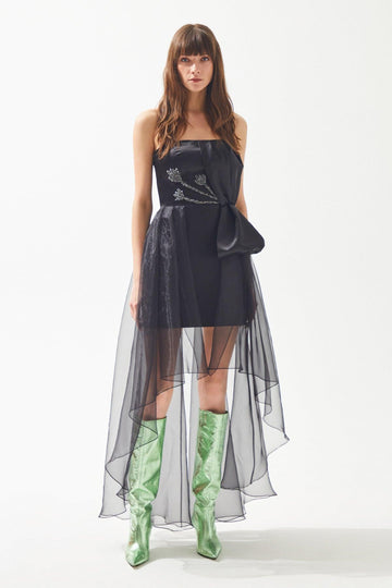 Black Strapless Embroidered Organza Skirt Detailed Mini Dress