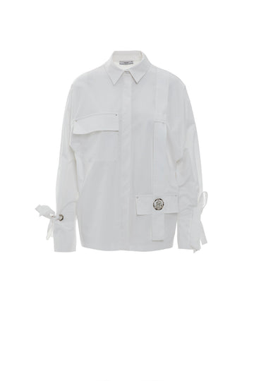 White Poplin Shirt With Stones Accessory Decorations