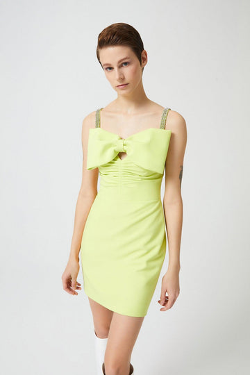 Neon Green Stone Strappy Bow Detailed Mini Dress
