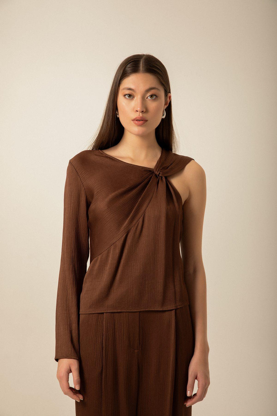 Brown Blouse With Crinkle Textured Single Sleeve | Porterist