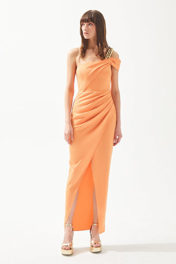 Orange Draped Long Dress with Chain Strap for Single Shoulder