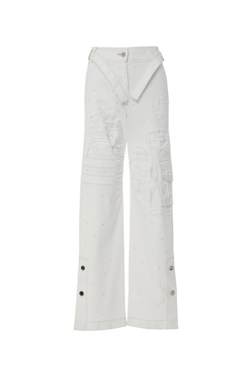 White Jean Pants With Buckle Detail Side Straps Tumbled