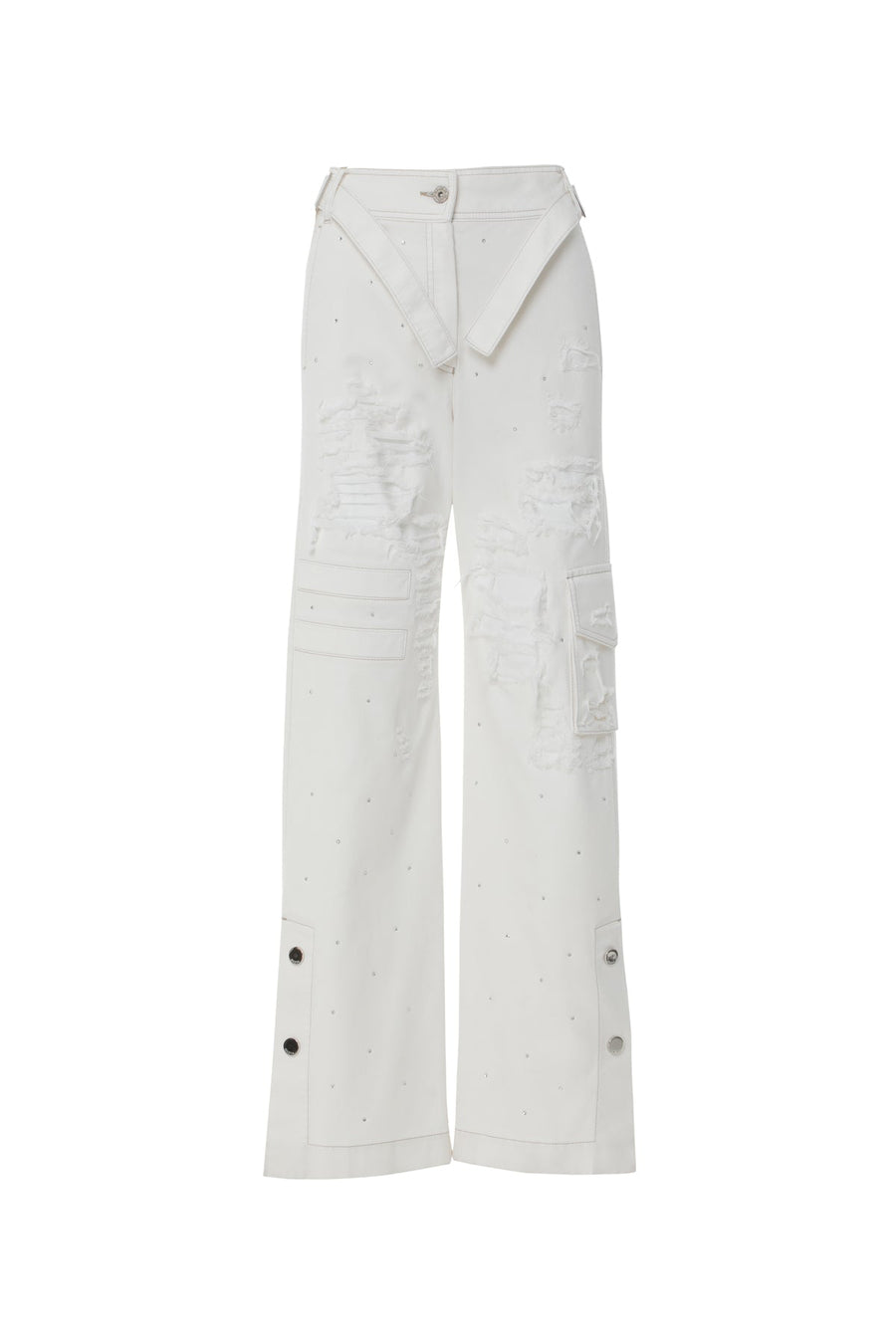 White Jean Pants With Buckle Detail Side Straps Tumbled