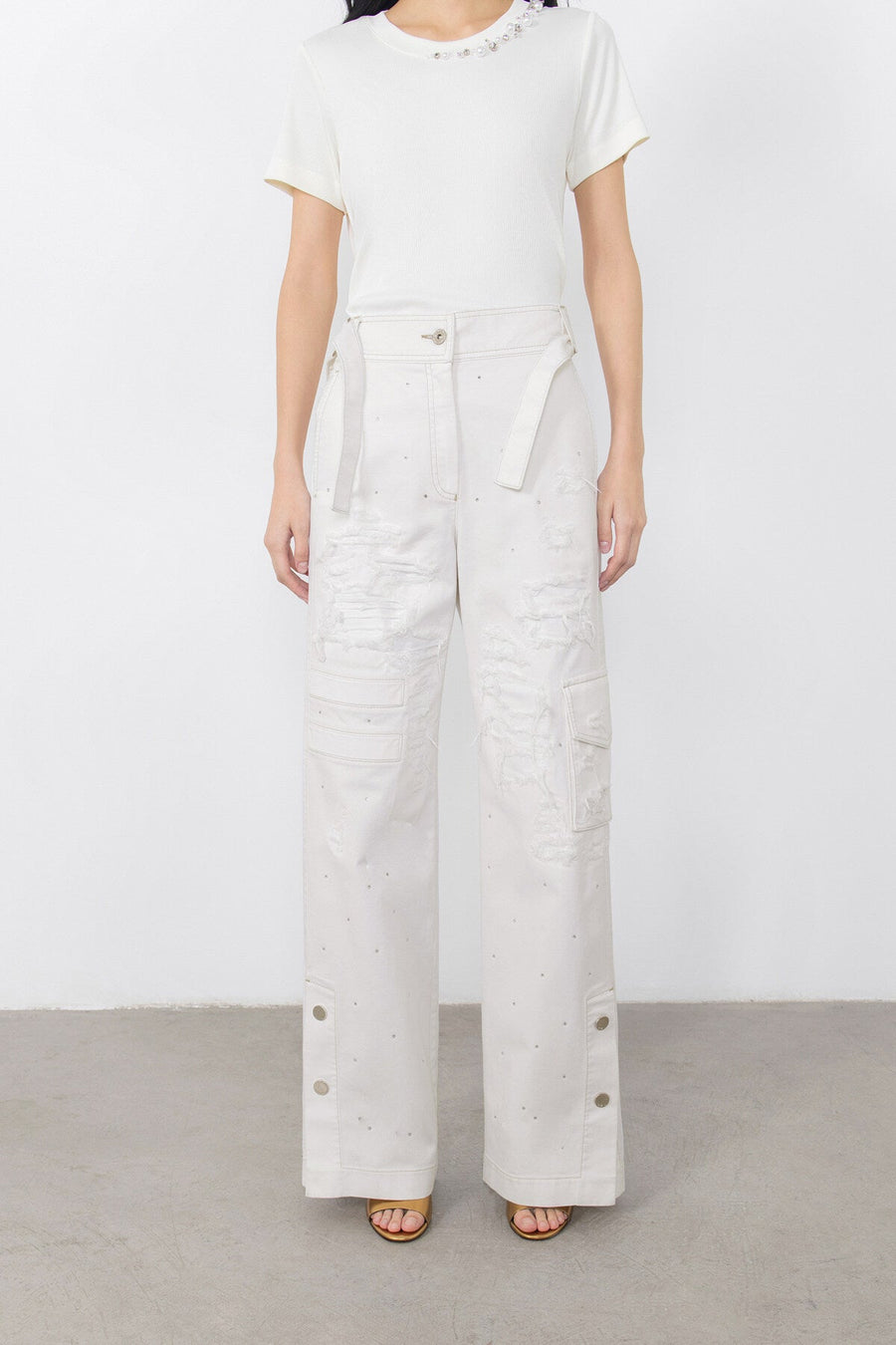 White Jean Pants With Buckle Detail Side Straps Tumbled