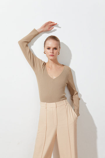 RUE Les Createurs Mink V Neck Long Sleeve Knitwear Bodysuit   - Porterist 1