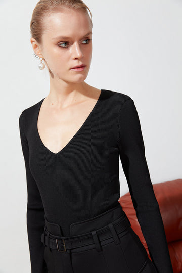 RUE Les Createurs Black V Neck Long Sleeve Knitwear Bodysuit  - Porterist 1