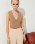 Camel V - neck Sleeveless Knit Blouse | Porterist