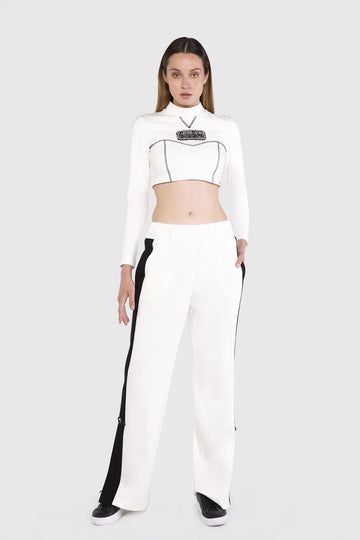 High Waist Ecru Trousers With Stripes On The Cuffs