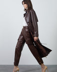 Brown Long Leather Jacket With Openable Zipper Details