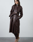 Brown Long Leather Jacket With Openable Zipper Details