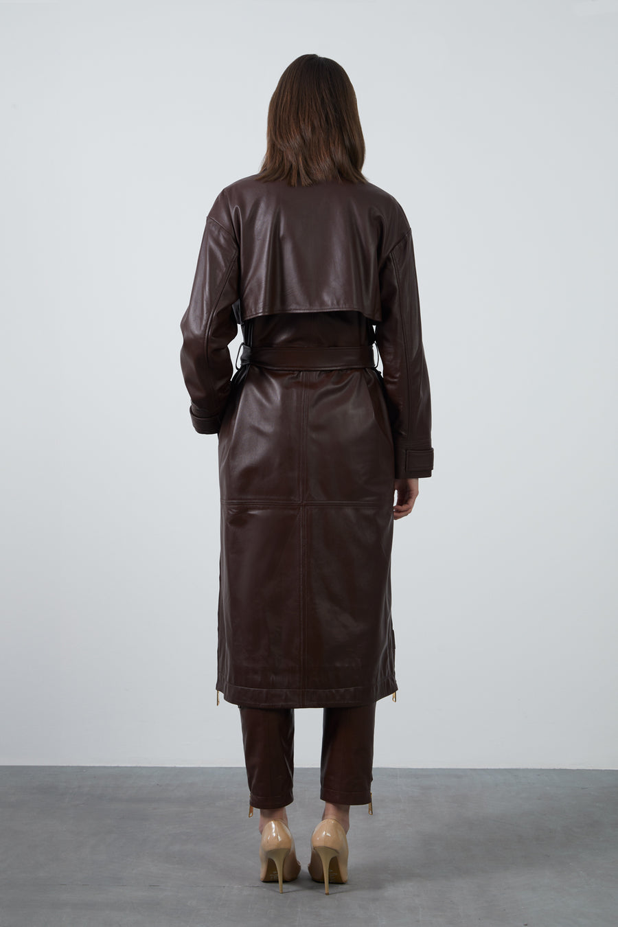 Brown Long Leather Jacket With Openable Zipper Details