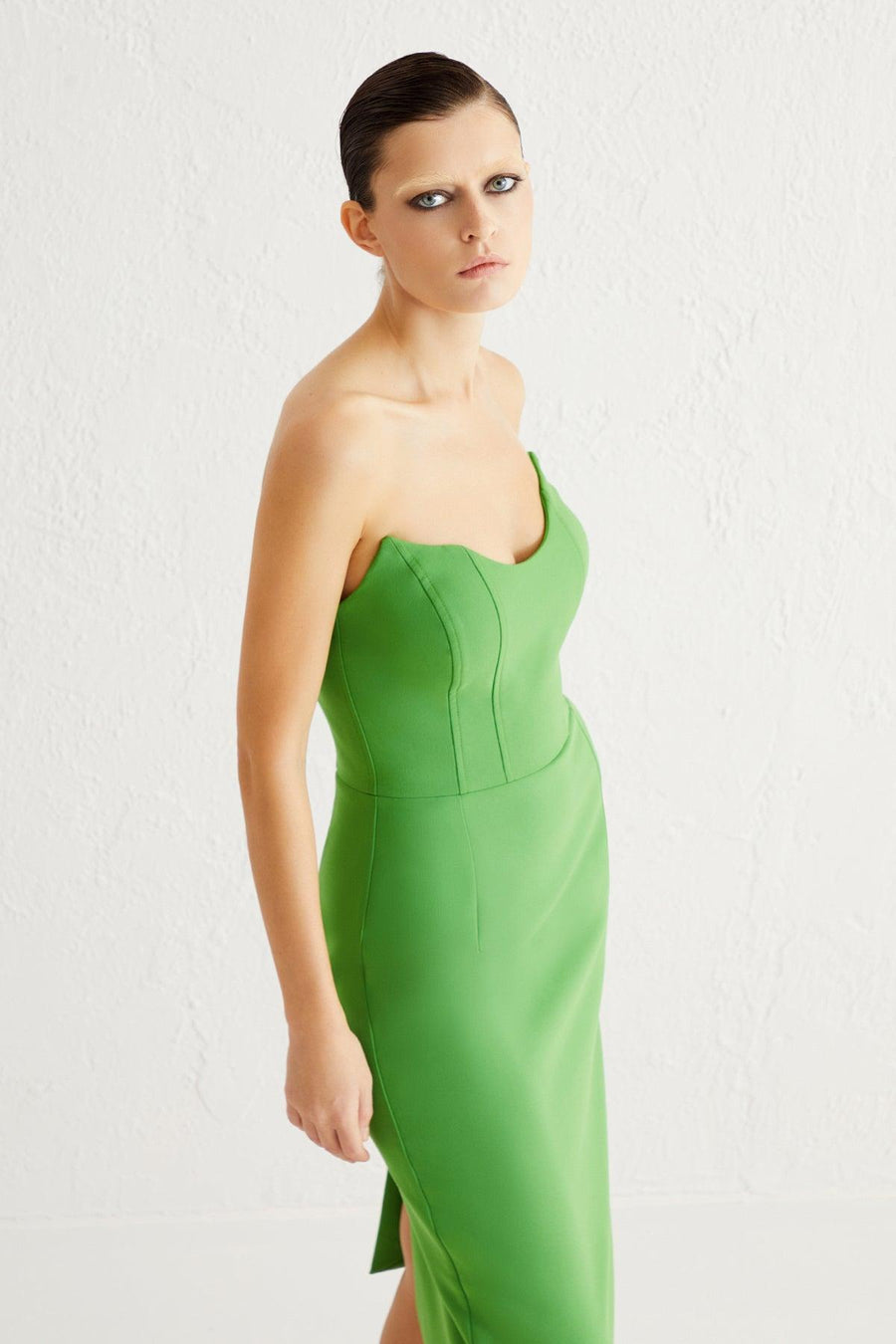 Green Strapless Slit Midi Dress | Porterist