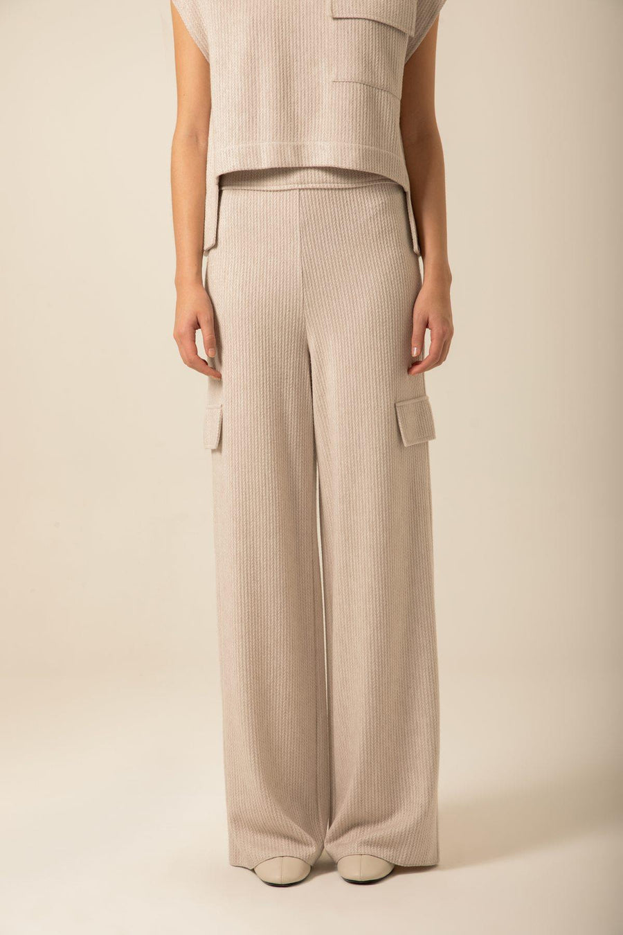 High Waist Loose Knitwear Ecru Pants | Porterist