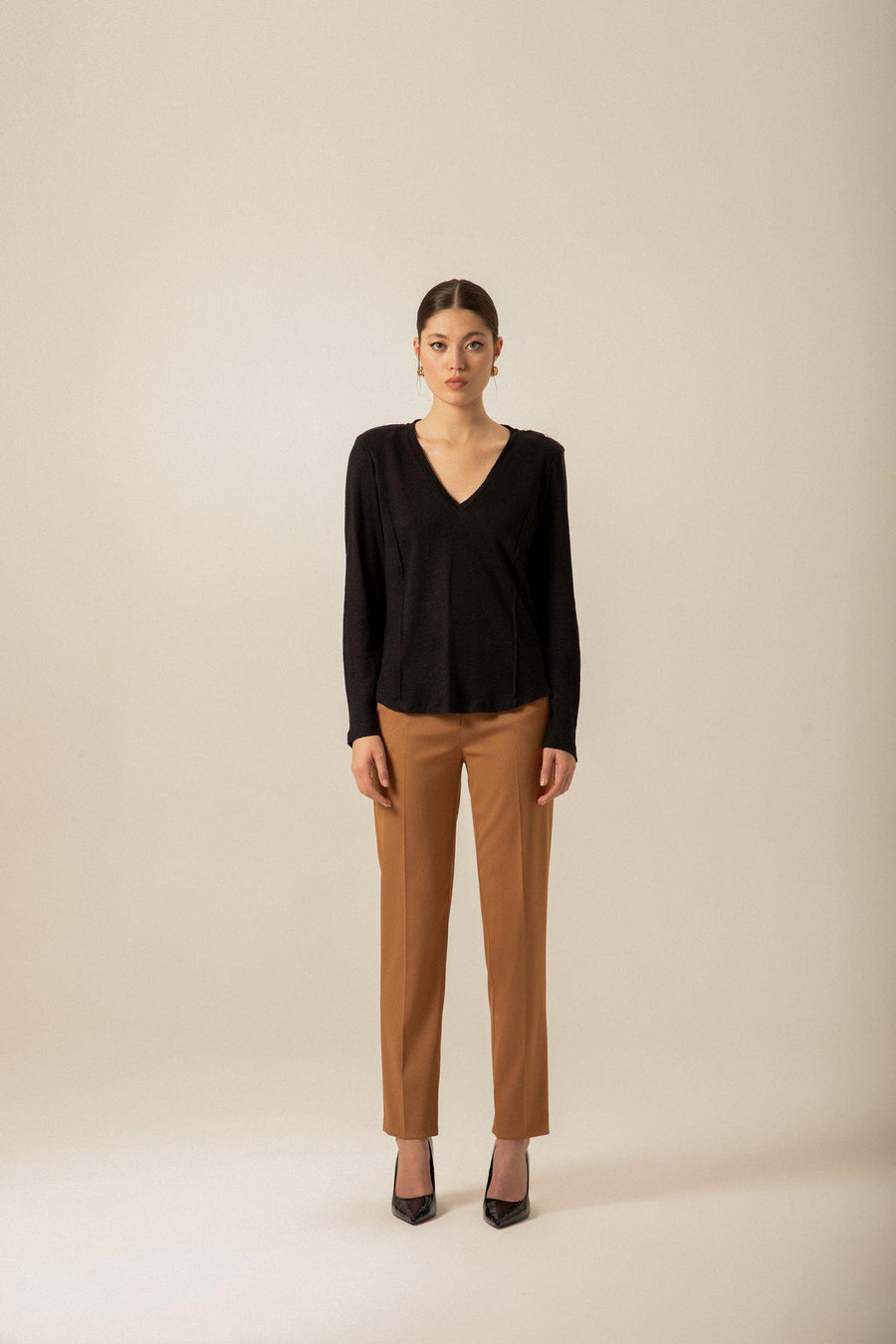 High Waist Pocket Stitching Detail Camel Pants | Porterist