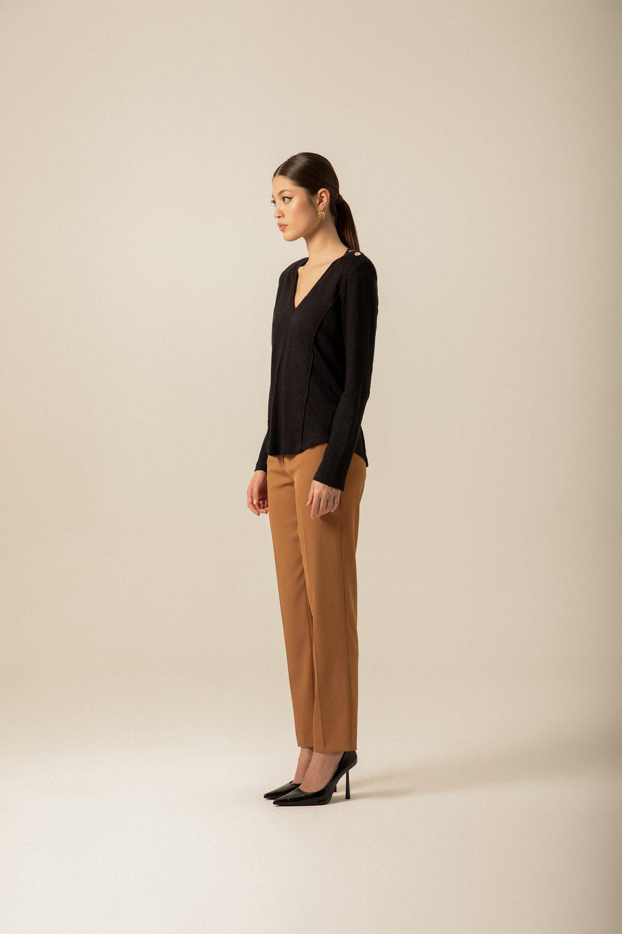 High Waist Pocket Stitching Detail Camel Pants | Porterist