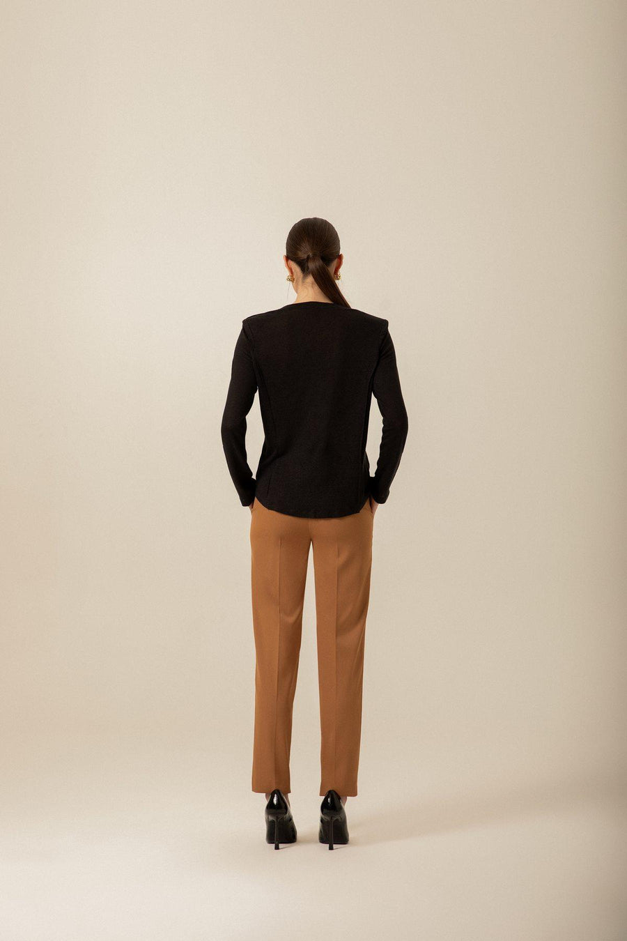 High Waist Pocket Stitching Detail Camel Pants | Porterist