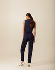 High Waist Pocket Stitching Detail Navy Blue Pants