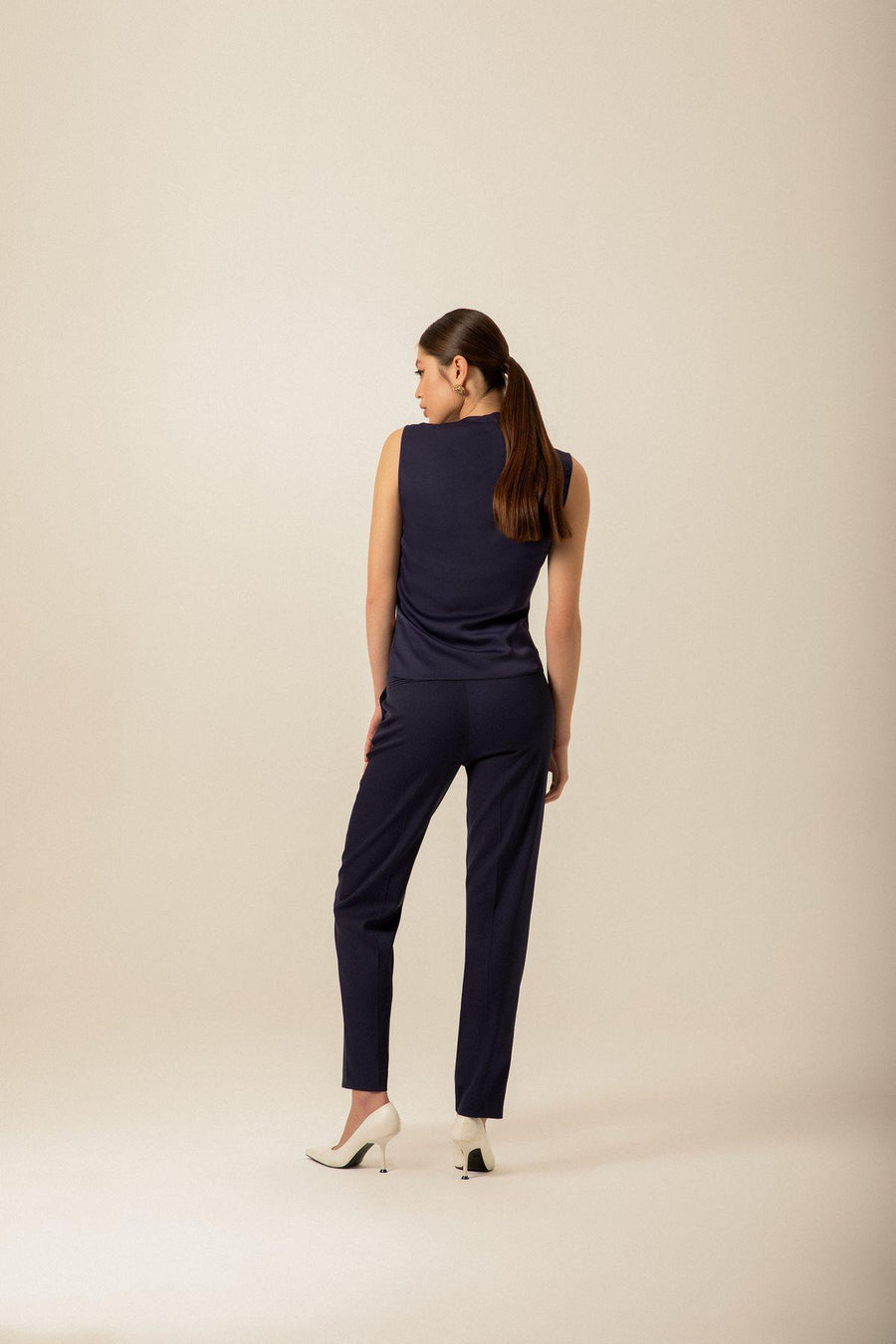 High Waist Pocket Stitching Detail Navy Blue Pants