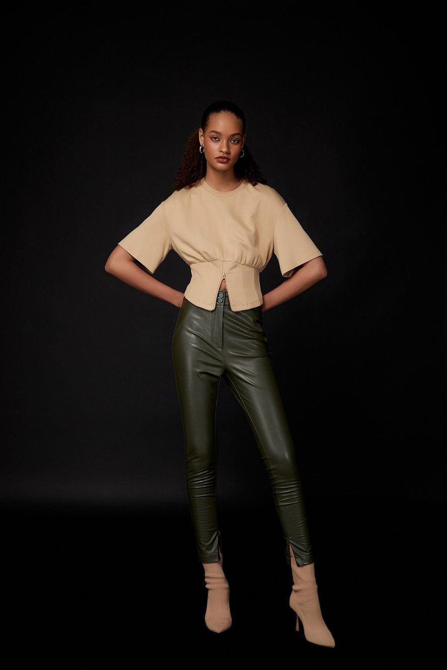 High Waist Khaki Faux Leather Leggings | Porterist