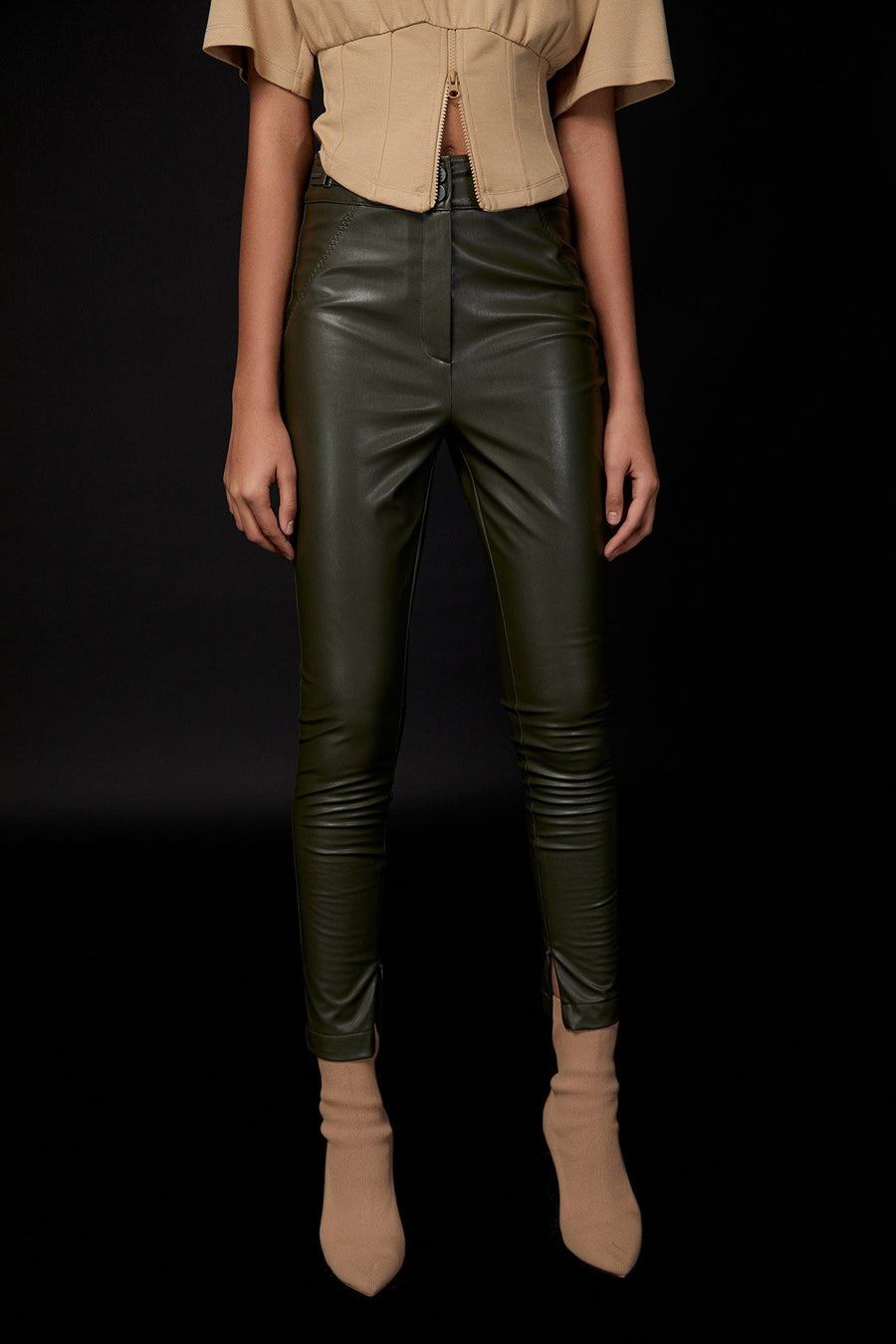 High Waist Khaki Faux Leather Leggings | Porterist