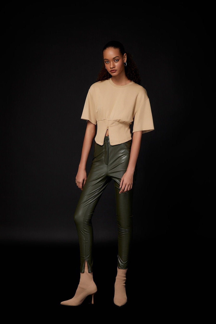 High Waist Khaki Faux Leather Leggings | Porterist