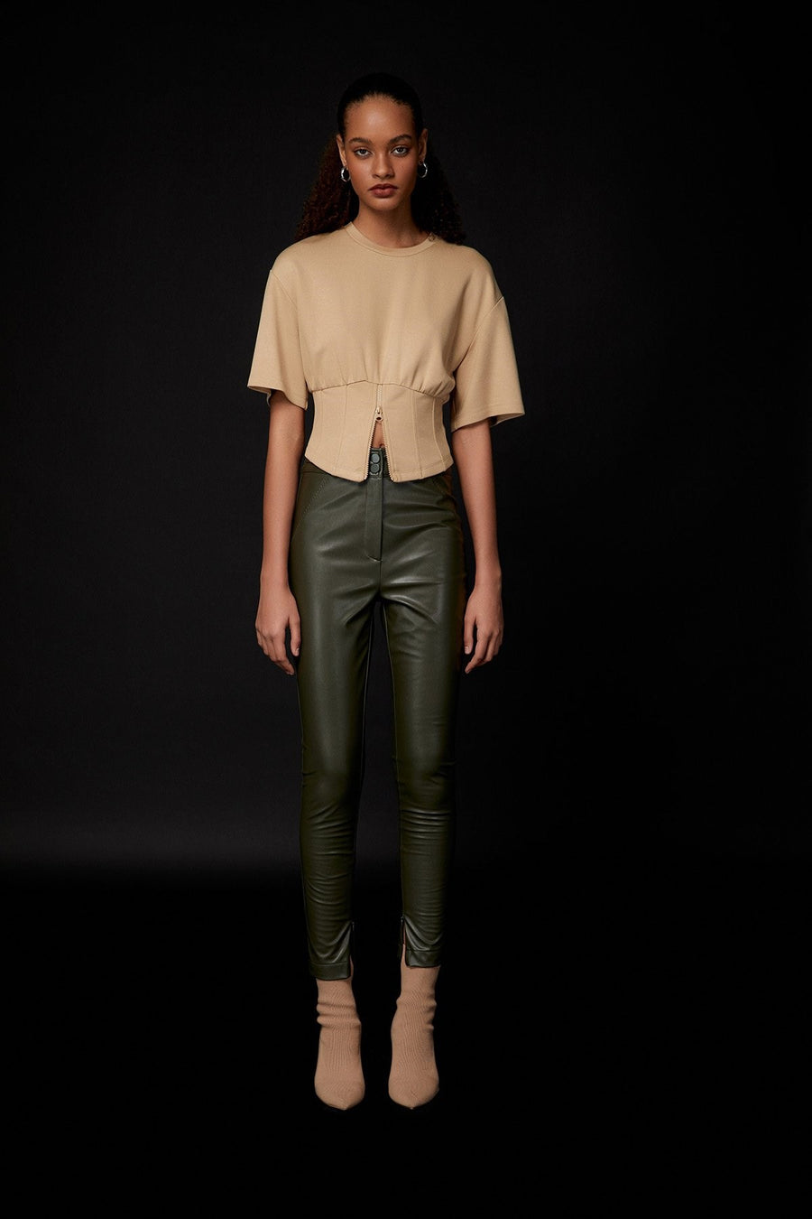 High Waist Khaki Faux Leather Leggings | Porterist